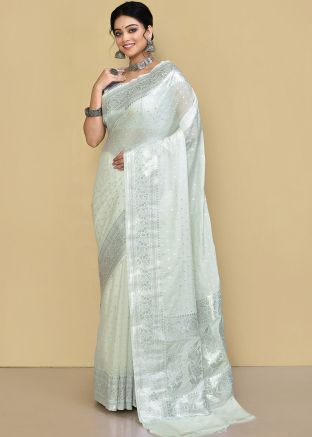 White Georgette Saree In Zari Work