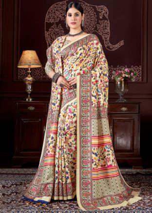 Cream Digital Printed Pashmina Silk Saree & Shawl