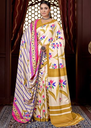 White Digital Floral Printed Pashmina Saree & Shawl