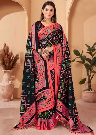 Black Digital Print Pashmina Silk Saree With Shawl