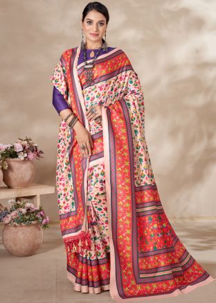 Pink Digital Floral Print Saree & Shawl