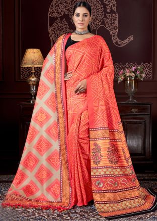 Pink Bandhej Printed Pashmina Silk Saree & Shawl