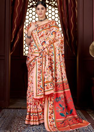 Peach Digital Floral Printed Saree & Shawl With Blouse