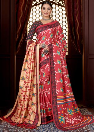 Red Pashmina Saree & Shawl in Digital Floral Print