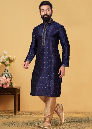 Navy Blue Readymade Kurta Pajama In Silk