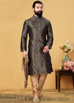 Printed Readymade Kurta Churidar In Black