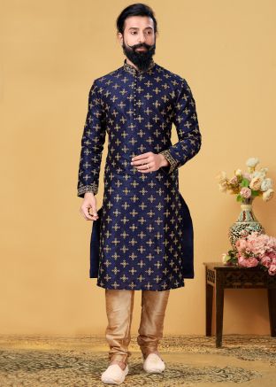 Dark Blue Stone Embellished Kurta Churidar Set