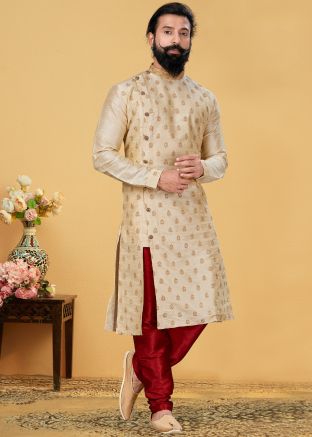 Beige Slit Style Kurta Churidar Set