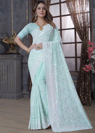 Pastel Blue Embroidered Saree In Georgette