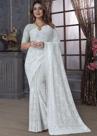 Grey Georgette Saree In Thread Embroidery