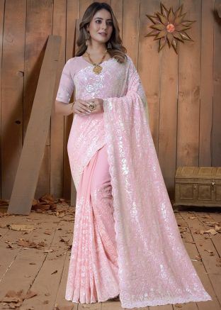 Pink Embroidered Saree In Georgette