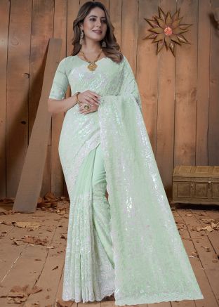 Pastel Green Embroidered Georgette Saree