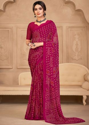 Pink Bandhej Printed Saree In Chiffon