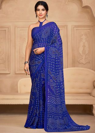 Blue Chiffon Saree In Bandhej Print