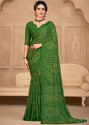 Green Bandhej Printed Saree In Chiffon