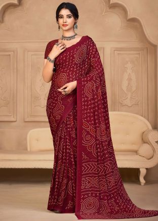 Maroon Chiffon Saree In Bandhej Print