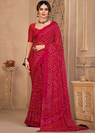 Pink Bandhej Printed Saree In Chiffon