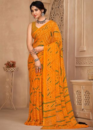 Yellow Chiffon Saree In Bandhej Print