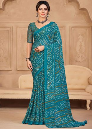 Blue Chiffon Saree In Bandhej Print