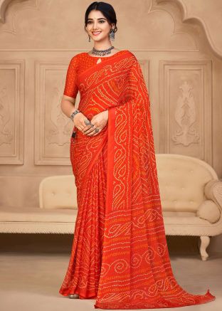 Orange Bandhej Printed Saree In Chiffon