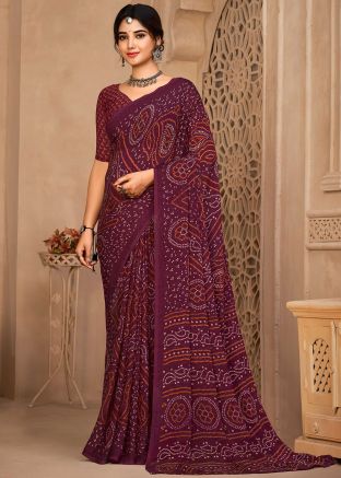 Purple Bandhej Printed Saree In Chiffon