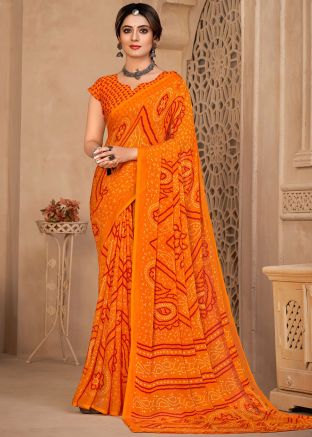 Yellow Chiffon Saree In Bandhej Print
