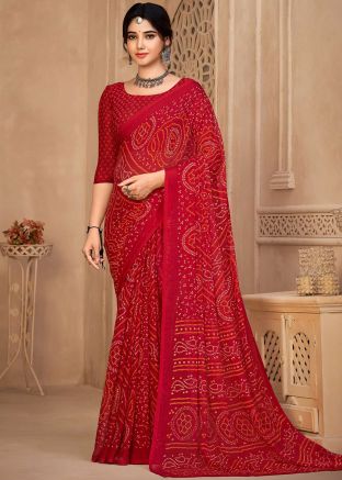 Red Bandhej Printed Saree In Chiffon