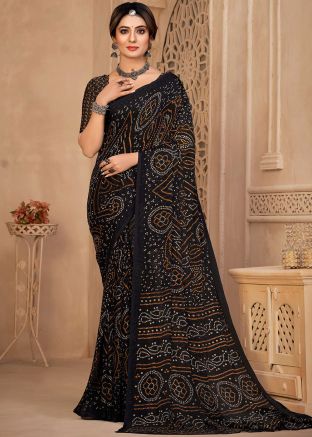 Black Bandhej Printed Saree In Chiffon