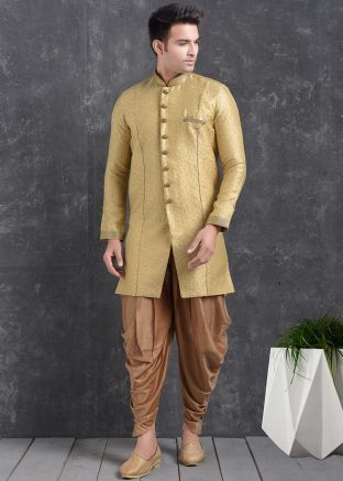 Gold Jacquard Indo Western Sherwani With Dhoti