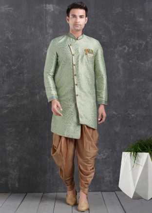 Green Asymmteric Indo Western Sherwani With Dhoti
