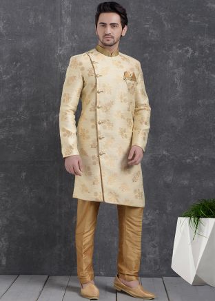 Beige Readymade Brocade Indo Western Sherwani Set