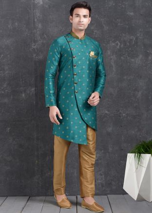 Turquoise Asymmetric Indo Western Sherwani Set