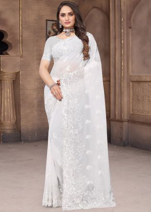White Embroidered Saree In Georgette