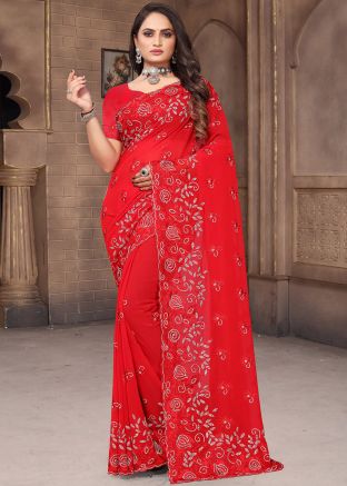 Red Georgette Saree In Thread Embroidery