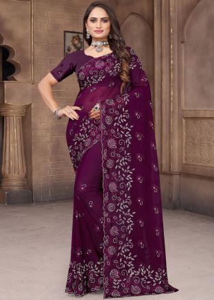 Wine Embroidered Saree In Georgette