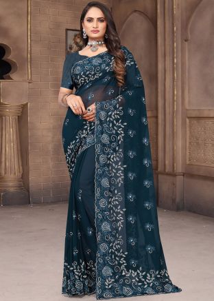 Teal Blue Embroidered Georgette Saree