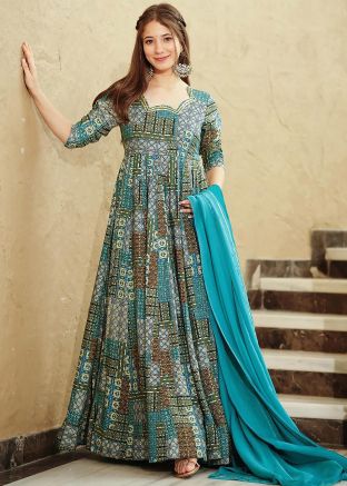 Multicolored Readymade Digital Printed Rayon Anarkali Suit