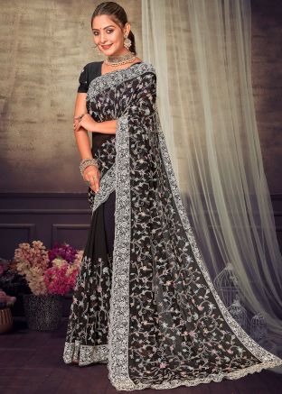 Black Chikankari Embroidered Georgette Saree