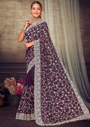Purple Embroidered Georgette Saree