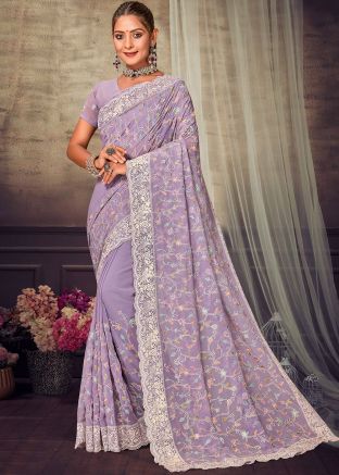 Purple Resham Embroidered Georgette Saree
