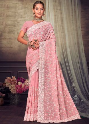 Peach Chikankari Embroidered Saree & Blouse