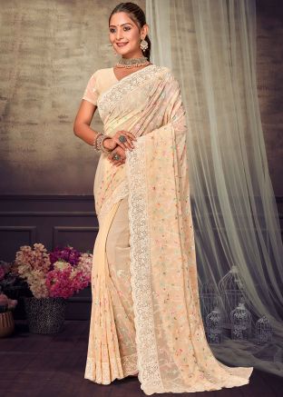 Cream Embroidered Saree & Blouse In Georgette