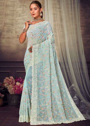 Blue Georgette Saree In Chikankari Embroidery