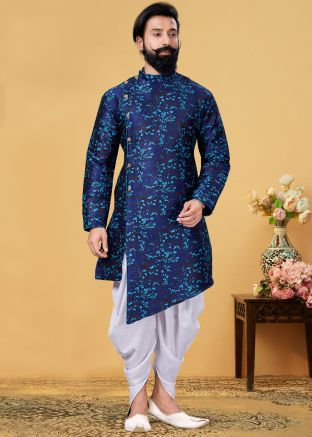 Navy Blue Woven Asymmetric Readymade Kurta Dhoti Set
