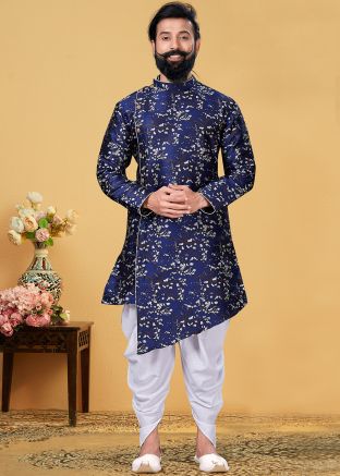 Readymade Navy Blue Woven Asymmetric Kurta Dhoti Set