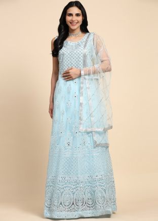 Pastel Blue Embroidered Readymade Net Anarkali Suit