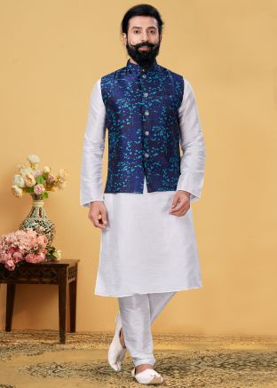 Readymade White Kurta Churidar With Woven Nehru Jacket