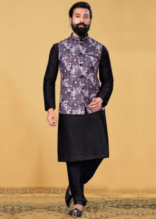 Black Kurta Churidar Set With Floral Printed Nehru Jacket