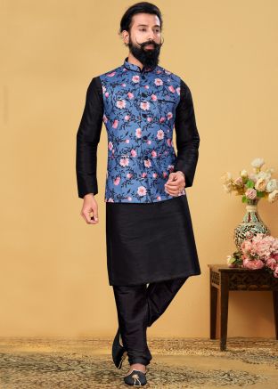 Readymade Black Kurta Churidar With Floral Printed Jacket