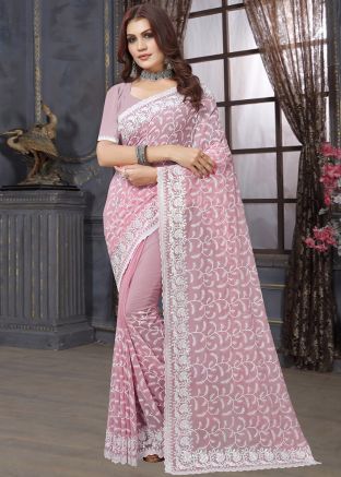 Pink Resham Embroidered Georgette Saree